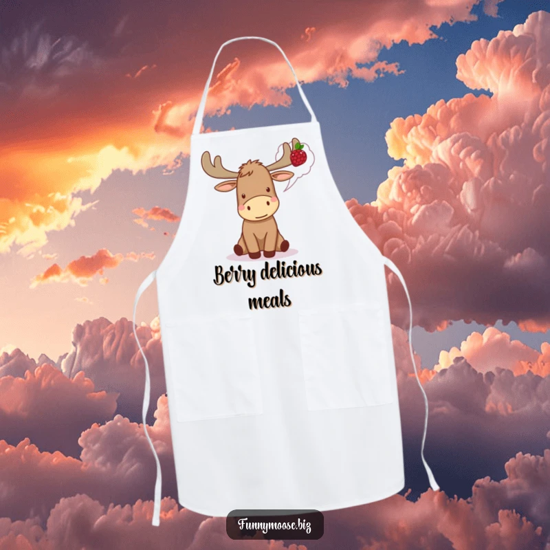 Funny Kawaii Moose Apron looking excited, dreaming of a berry, perfect for kitchen fun with woodland humor.