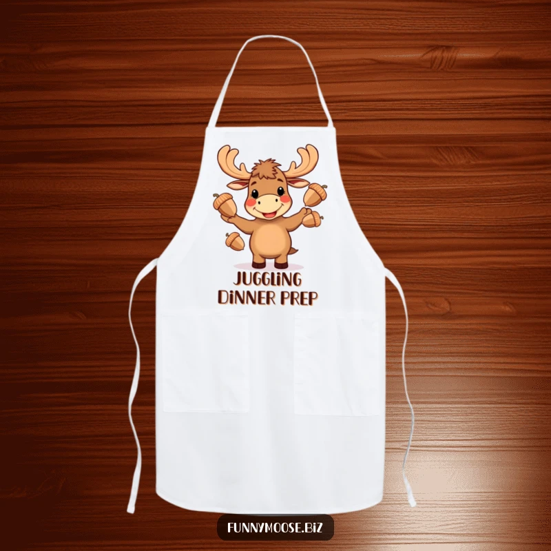 Funny Kawaii moose apron, a happy moose juggling three oversized acorns with a big grin while cooking, kitchen humor.