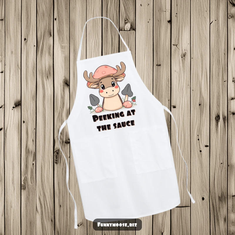 Funny Kawaii moose apron, a curious moose peeking from behind a giant mushroom, watching the kitchen activities.