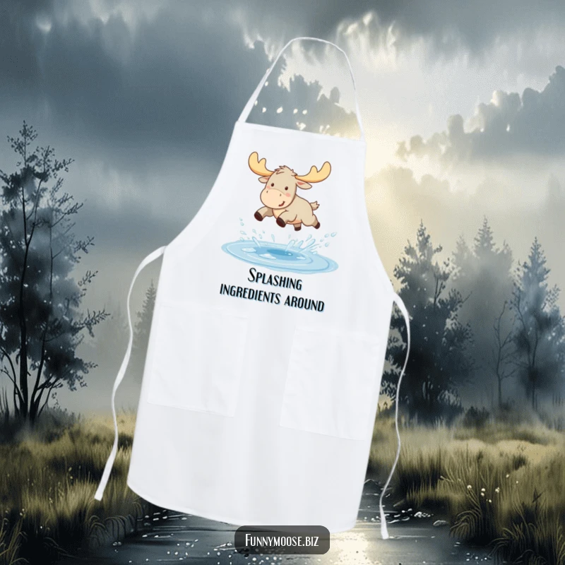 Funny Kawaii moose apron, a moose joyfully leaping over a sparkling puddle, with water droplets flying, kitchen fun.