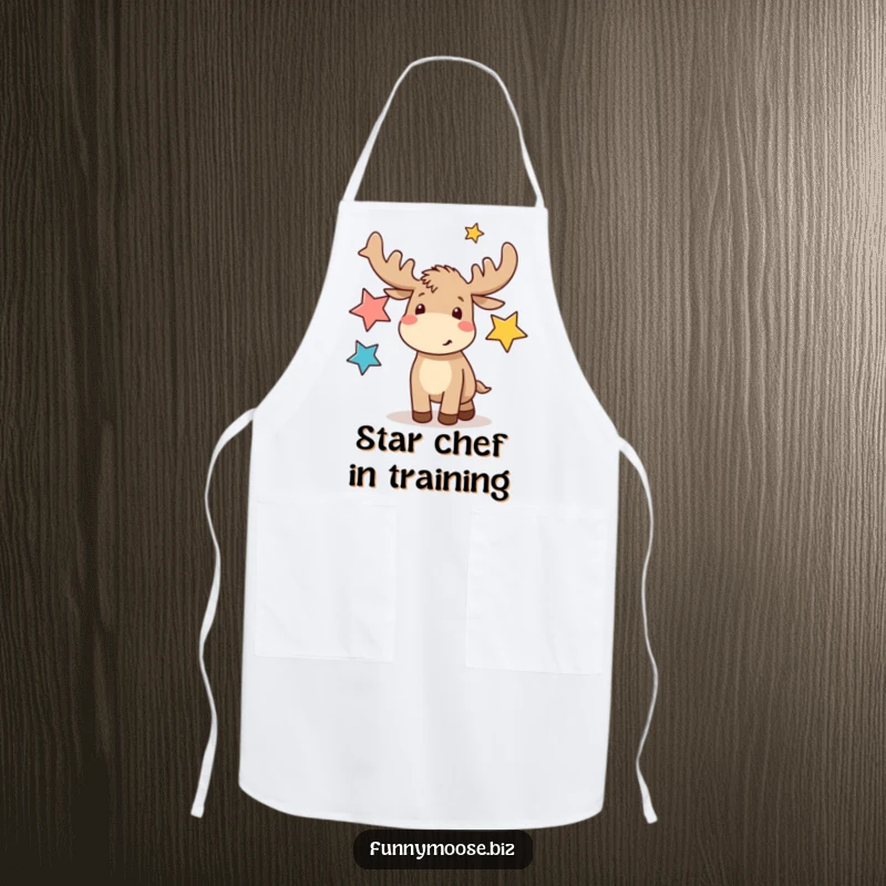 Funny kawaii moose wearing an apron, enthusiastically juggling three abstract star shapes while cooking, a hilarious kitchen accessory.