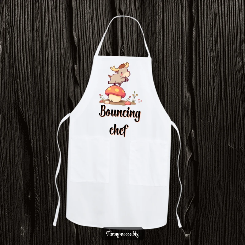 Funny tiny kawaii moose launching from a bouncy mushroom on a durable and humorous cooking funny apron.