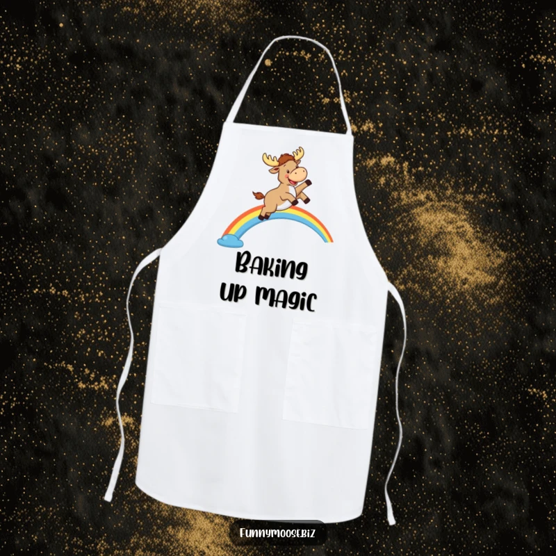 Funny Kawaii Moose Apron: A happy moose leaps over a rainbow, humorous kitchen wear for bakers.