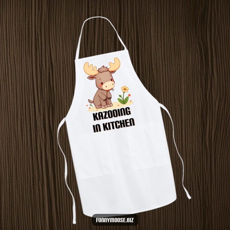 Funny apron showing a kawaii moose playing a tiny kazoo to serenade a flower, adding a humorous musical touch to cooking.