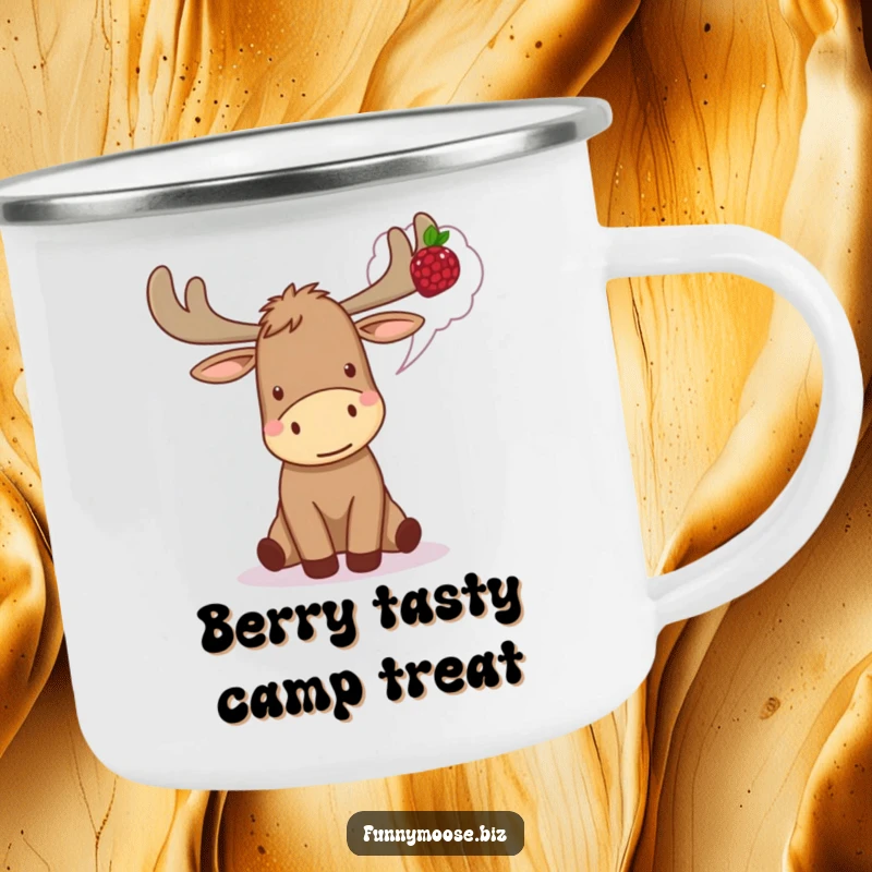 Funny Kawaii Moose Camping Mug looking excited, dreaming of a berry, perfect for adventures with woodland humor.