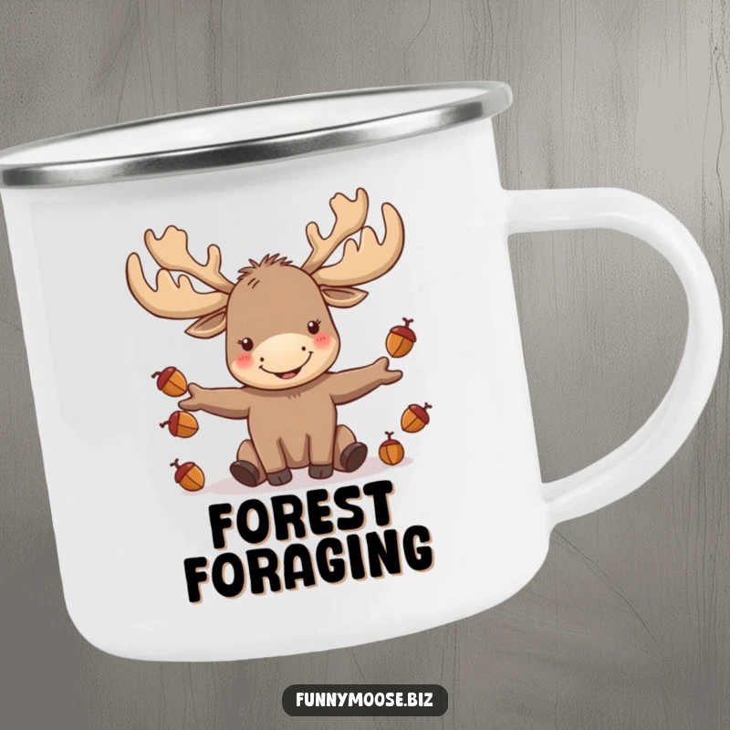 Funny kawaii moose with oversized antlers joyfully juggling acorns on a durable camping mug, perfect for adventurers.