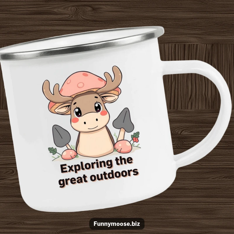 Funny Kawaii moose camping mug, a curious moose peeking from behind a giant mushroom, ready for adventure.