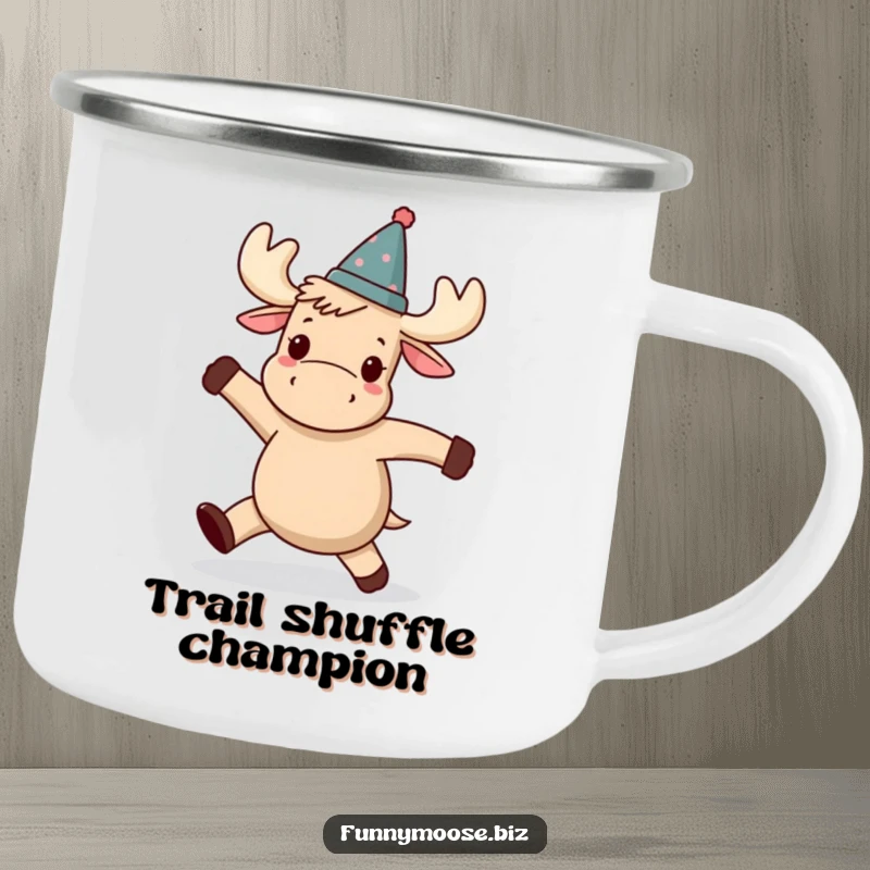 Funny Kawaii moose camping mug, a moose wearing a tilted hat, doing a delightful wobbly dance outdoors.