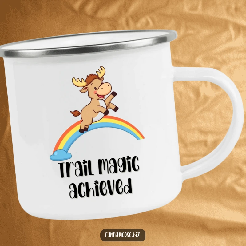 Funny Kawaii Moose Camping Mug: A happy moose leaps over a rainbow, enamel mug for outdoor enthusiasts.