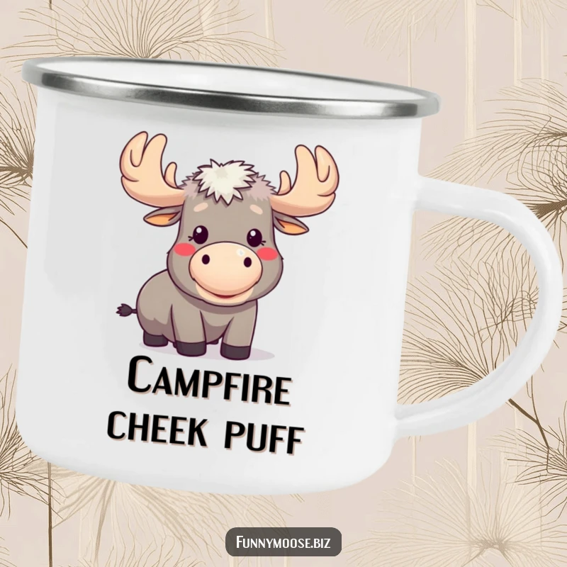 Funny Kawaii Moose Camping Mug: A moose blows a raspberry with puffed cheeks, enamel mug for campers.