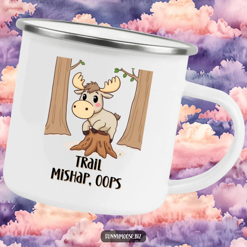 Funny Kawaii Moose Camping Mug: A surprised moose trips on a root, enamel mug for campers.