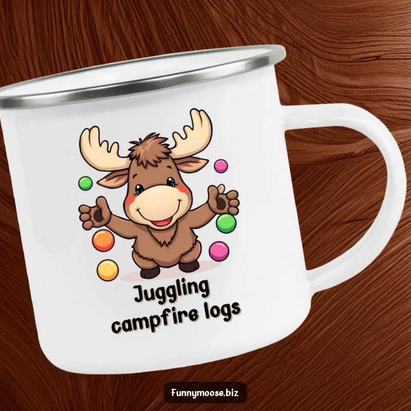 Funny Kawaii Moose Camping Mug juggling colorful balls with a goofy grin, perfect for adventures with woodland humor.