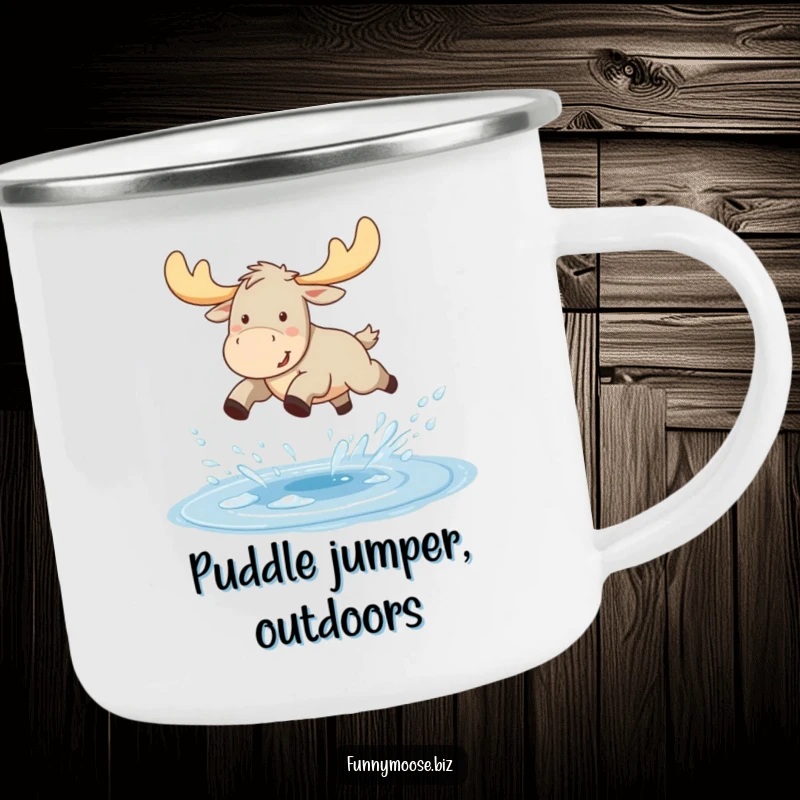 Funny Kawaii moose camping mug, a moose joyfully leaping over a sparkling puddle, water droplets flying, outdoor fun.
