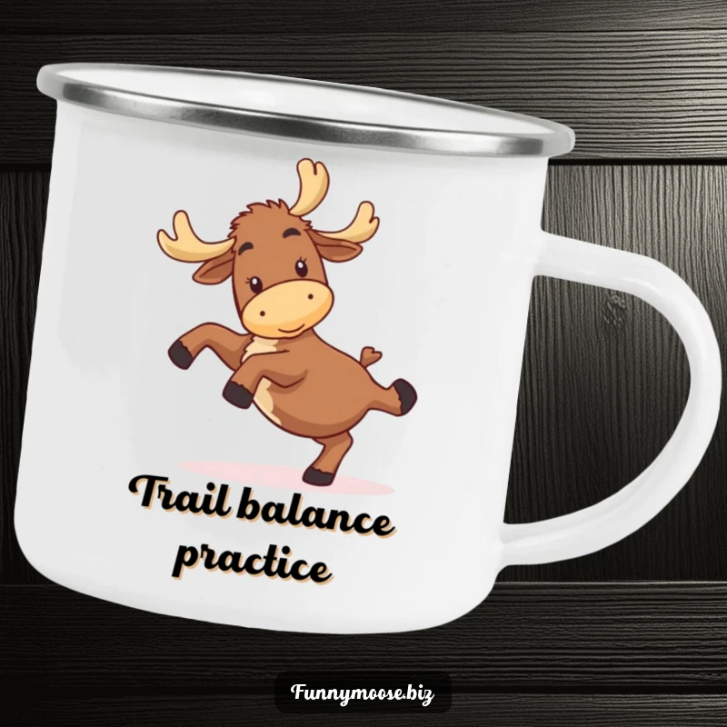 Funny kawaii moose camping mug showing a happy, clumsy character attempting a cartwheel, perfect for rugged funny gift recipients.