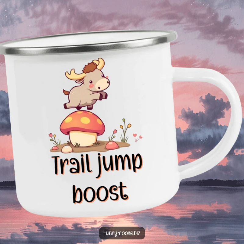 Funny tiny kawaii moose launching from a vibrant bouncy mushroom on a durable enamel camping mug, perfect for adventures.
