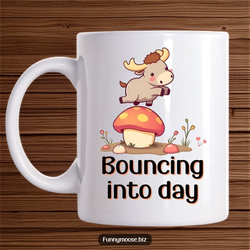 Funny tiny kawaii moose launching off a vibrant bouncy mushroom, a humorous and joyful mug design for gifting.