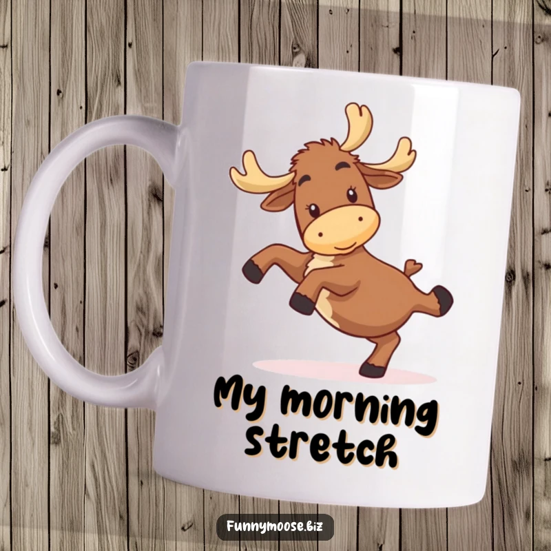 Funny kawaii moose mug showing a slightly clumsy but happy character attempting a cartwheel, perfect for clumsy gift recipients.