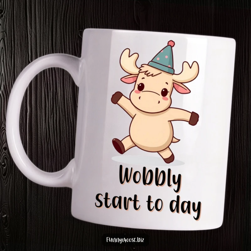 Funny Kawaii moose mug, wearing a small tilted hat, attempting a wobbly dance with a determined expression, cute and funny.