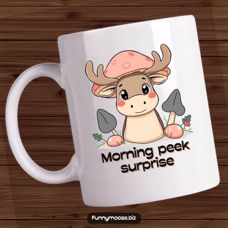 Funny Kawaii moose mug, peeking from behind a giant mushroom with large, wide, curious eyes, a delightful surprise.