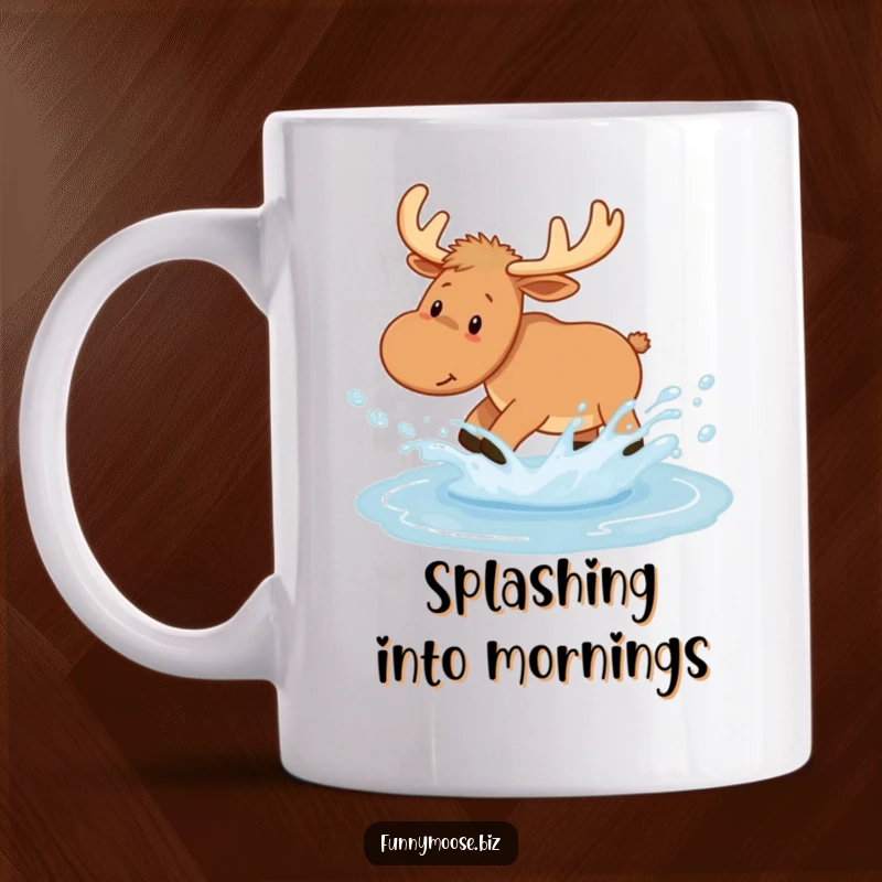 Funny Kawaii Moose mug playfully splashing in a puddle, leaving joyful water droplets, depicting cute and humorous rainy day fun.