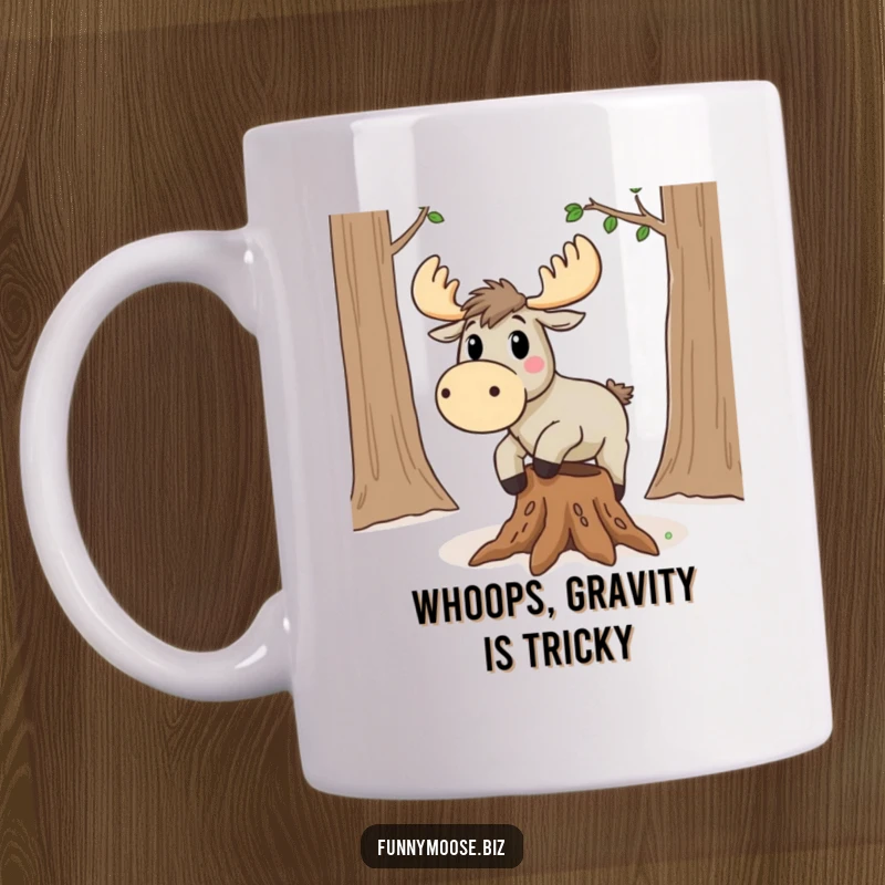 Funny Kawaii Moose Mug: A surprised moose trips clumsily over a tree root, coffee cup for clumsy gift.