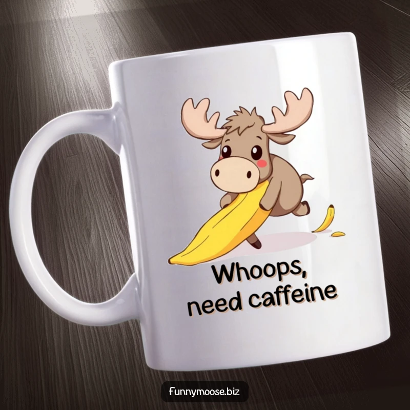 Funny mug featuring a clumsy, kawaii moose tripping spectacularly over a large banana peel, eyes wide with surprise and adorableness.