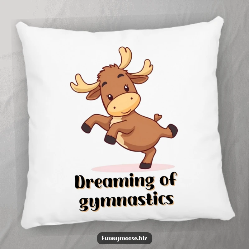 Funny kawaii moose pillow with a happy, slightly clumsy character executing a cartwheel, perfect for funny home decor.