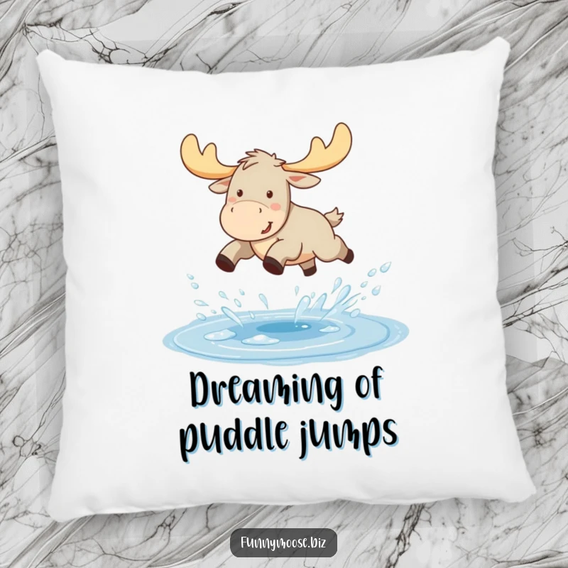 Funny Kawaii moose pillow, a moose joyfully leaping over a sparkling puddle, water droplets frozen in motion.