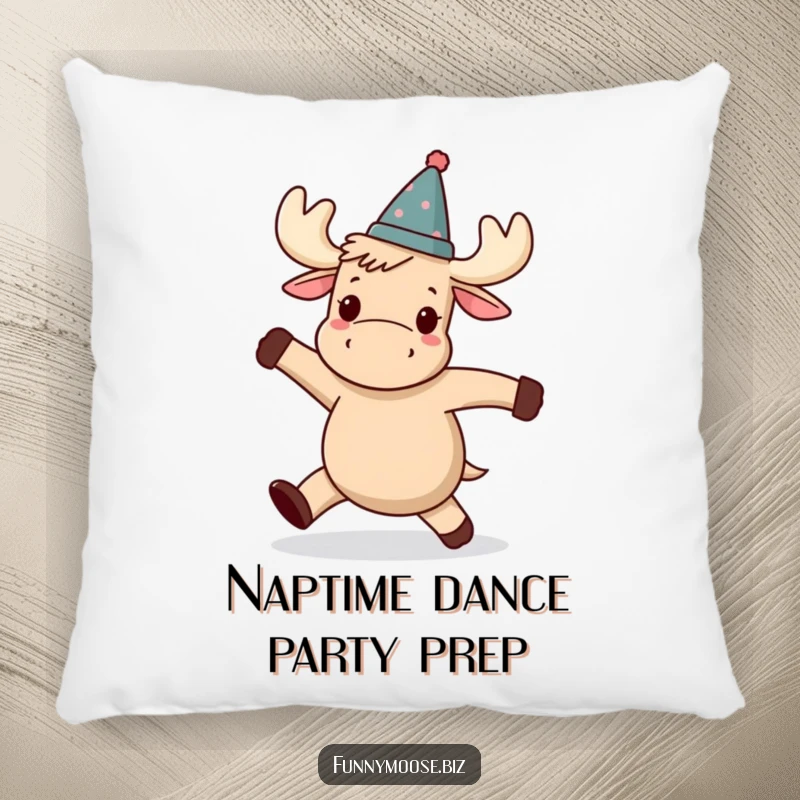 Funny Kawaii moose pillow, a moose wearing a tilted hat, doing a delightful wobbly dance, soft and humorous.