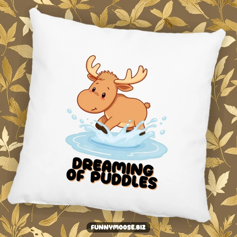 Funny Kawaii Moose Pillow featuring a joyful puddle splash and water droplets, offering plush comfort and woodland humor.
