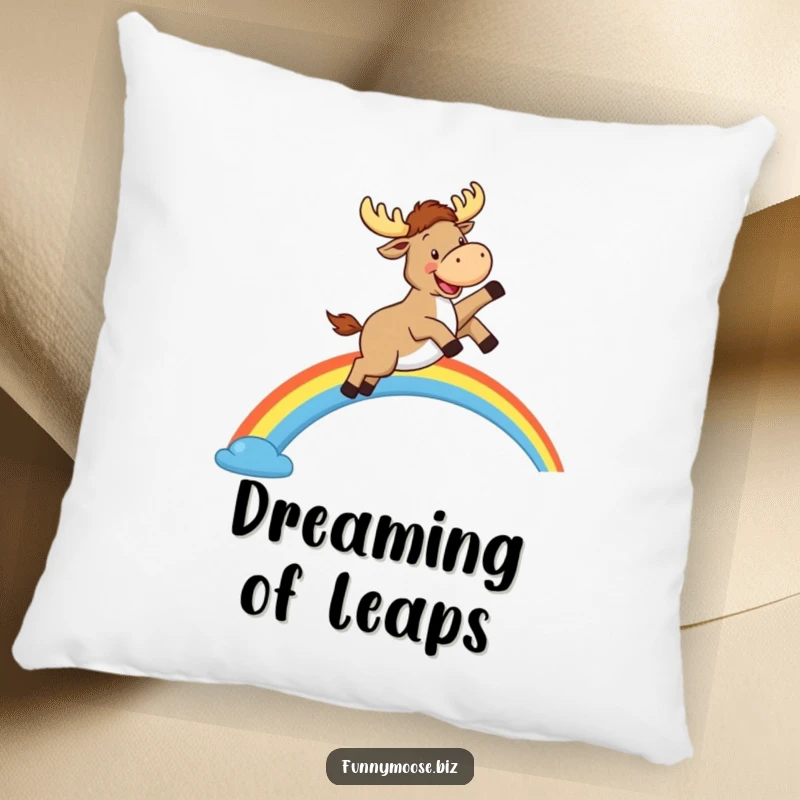 Funny Kawaii Moose Pillow: A happy moose leaps over a rainbow, soft cushion for cheerful comfort.