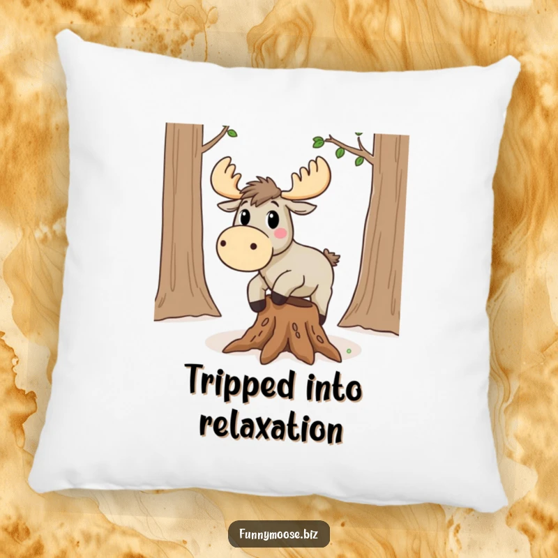 Funny Kawaii Moose Pillow: A surprised moose tumbles over a tree root, soft cushion for laughter.