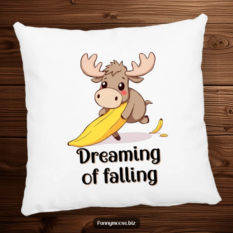 Funny pillow featuring a cute kawaii moose in a comical tumble over a banana peel, its expression pure, adorable surprise.