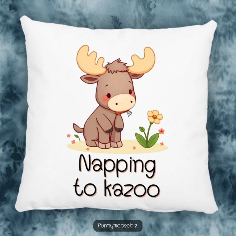 Funny pillow featuring a cute kawaii moose playing a tiny kazoo to serenade a flower, offering cozy musical charm.