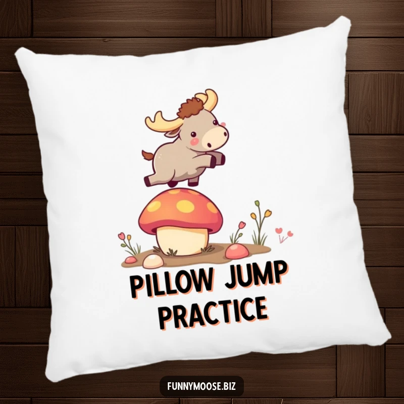 Soft, funny pillow featuring a cute kawaii moose airborne after launching from a colorful bouncy mushroom, for cozy humor.