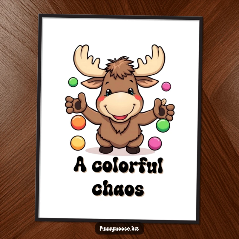 Funny Kawaii Moose Digital Art juggling colorful balls with a goofy grin, offering whimsical woodland humor.