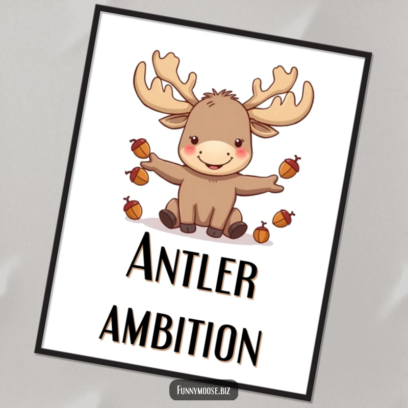Funny kawaii moose with oversized antlers joyfully juggling acorns, available as a downloadable digital art print.