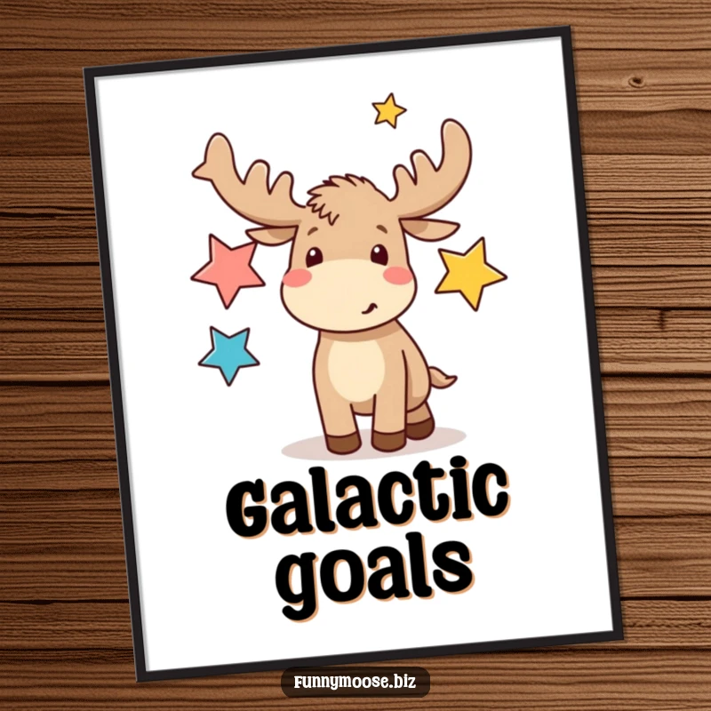 High-resolution funny digital art print of a kawaii moose excitedly juggling abstract star shapes, perfect for wall decor.