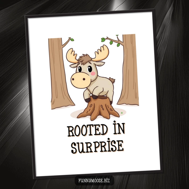Funny Kawaii Moose Digital Art: A surprised moose trips over a root, printable humorous illustration.