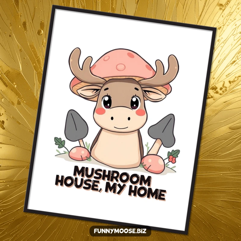 Funny Kawaii moose digital art print, a moose peeking from behind a giant mushroom with wide, curious eyes.