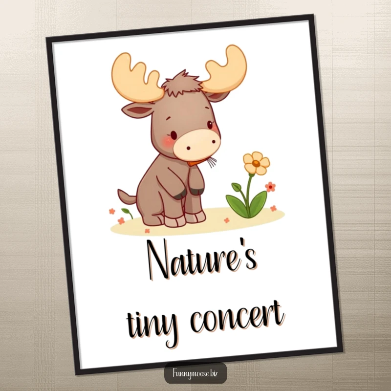 Funny digital art print of a kawaii moose playing a tiny kazoo to serenade a flower, embodying sweet, musical affection.