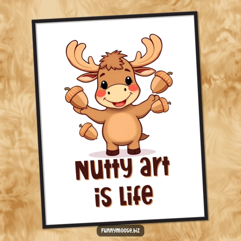 Funny Kawaii moose digital art print, a moose enthusiastically juggling three oversized acorns with a wide, happy grin.