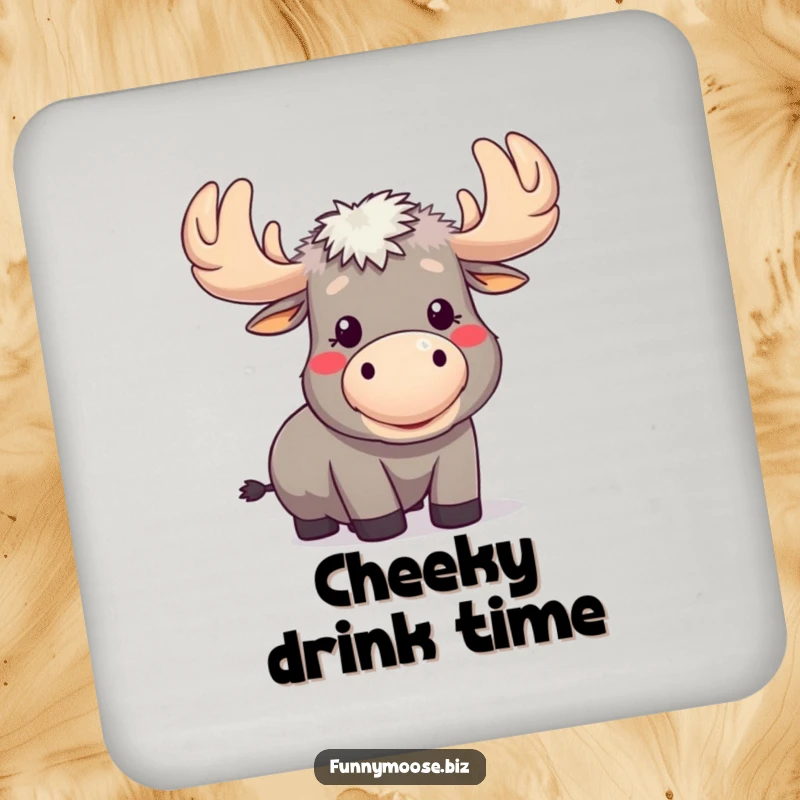 Funny Kawaii Moose Drink Coaster: A moose blows a raspberry with puffed cheeks, humorous coaster for tables.