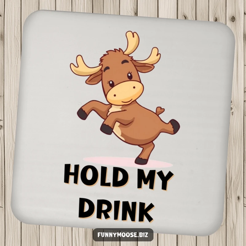 Funny kawaii moose coaster with a happy, clumsy character attempting a cartwheel, excellent for funny home accessory collectors.