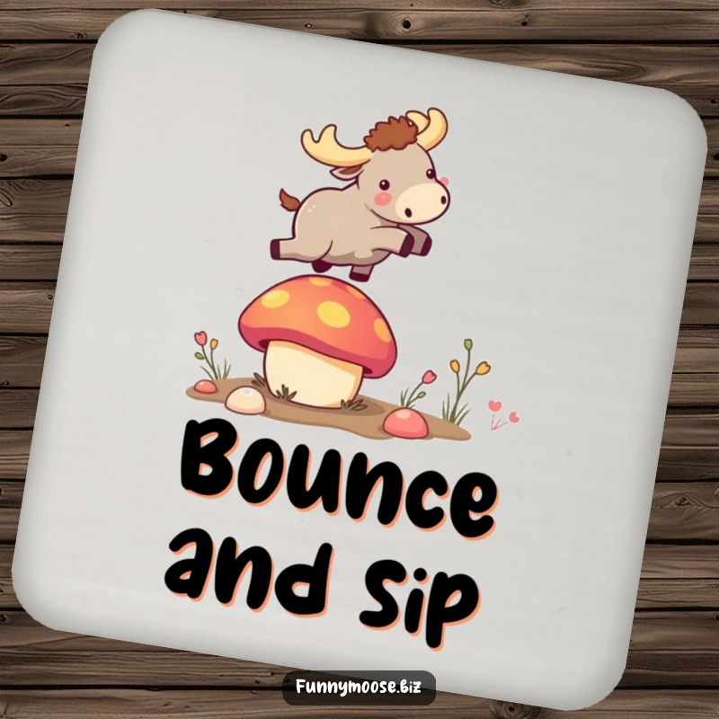 Funny tiny kawaii moose airborne after launching from a bouncy mushroom on a protective drink funny coaster.