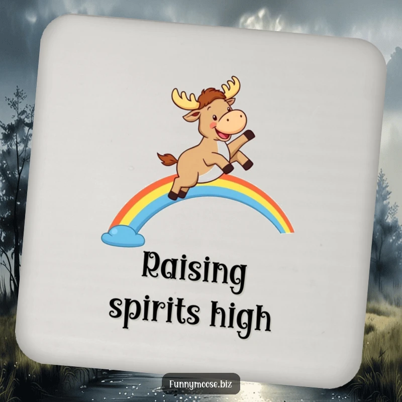 Funny Kawaii Moose Drink Coaster: A happy moose jumps over a rainbow, humorous coaster for tables.