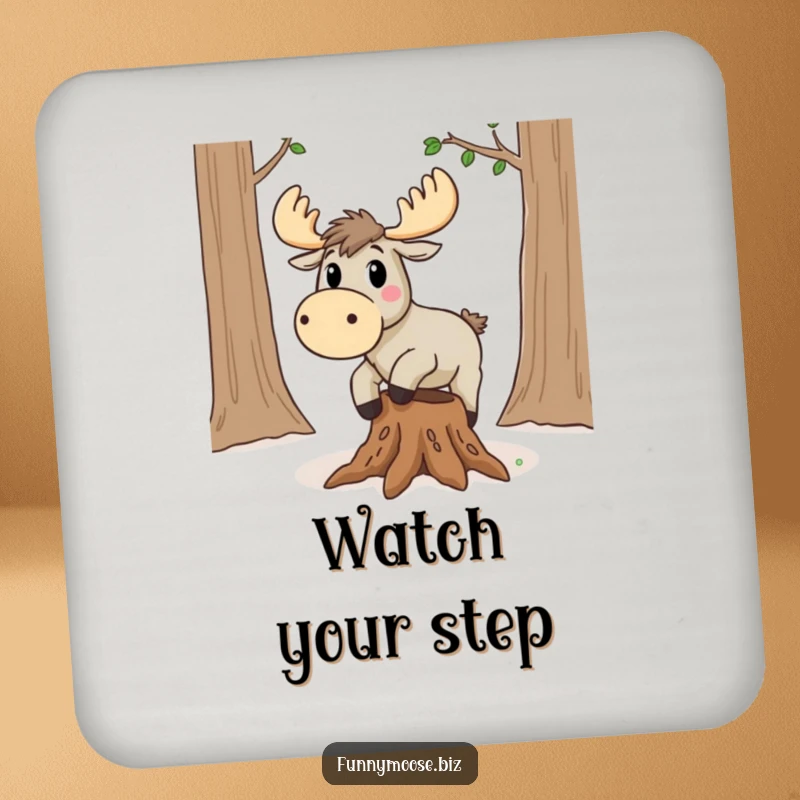 Funny Kawaii Moose Drink Coaster: A surprised moose trips over a root, humorous coaster for tables.