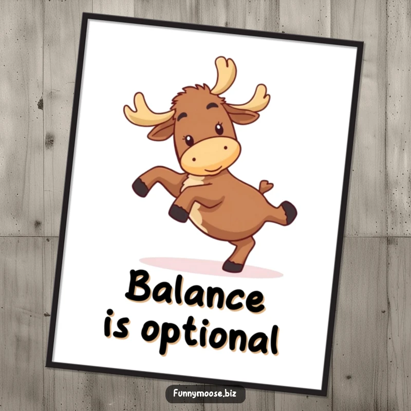 Funny kawaii moose poster showing a happy, clumsy character attempting a cartwheel, suitable for humorous wall art collectors.