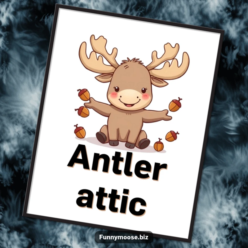 Funny kawaii moose with oversized antlers joyfully juggling acorns, creating a whimsical and humorous wall art piece.