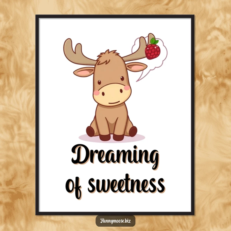 Funny Kawaii Moose Poster looking excited, thinking of a berry, adding artistic woodland humor and foodie delight.